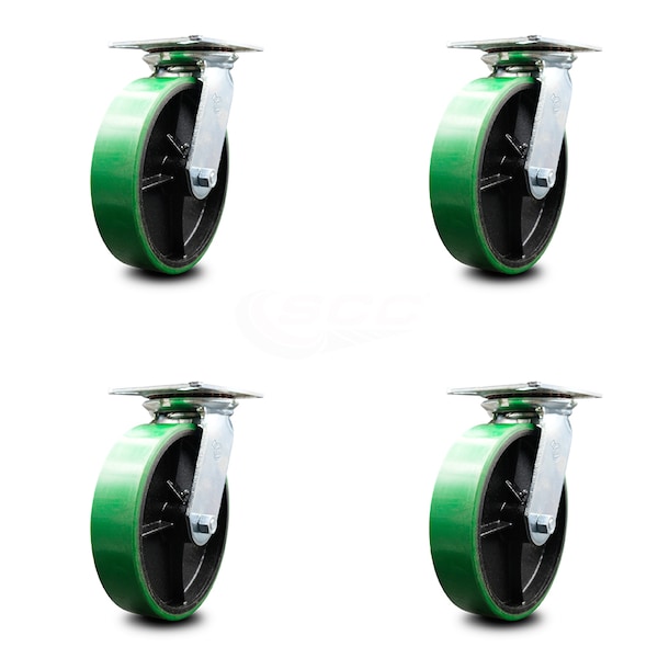 8 Inch Heavy Duty Green Poly on Cast Iron Caster Set with Ball Bearings, 4PK